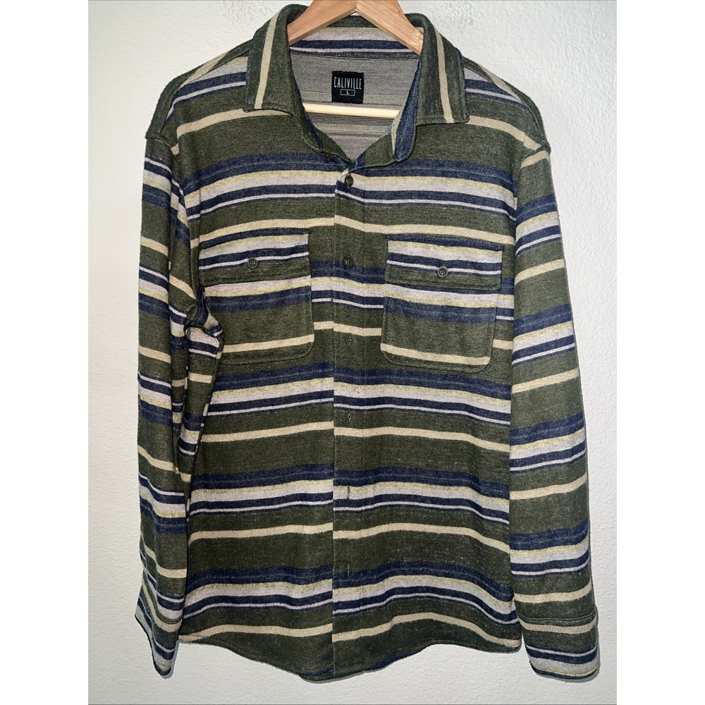 Caliville Men's Soft Stretch GREEN/BLUE Flannel Shirt Pockets Beachy Vacay LARGE